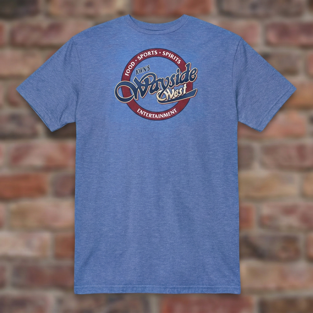 Wayside West Heather Royal T-shirt flat lay on brick background