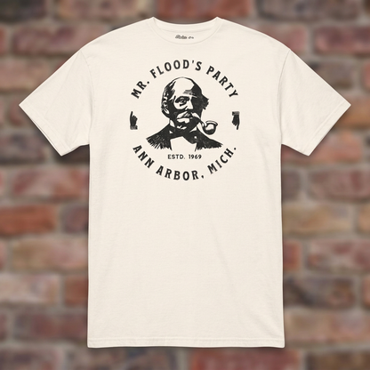 Mr. Flood's Party Natural T-shirt flat lay on warm brick