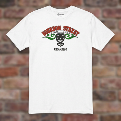 Bourbon Street White T-shirt flat lay on brick background