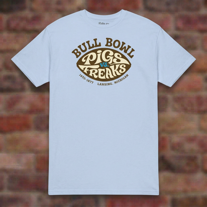 Bull Bowl Light Blue T-shirt flat lay on brick background