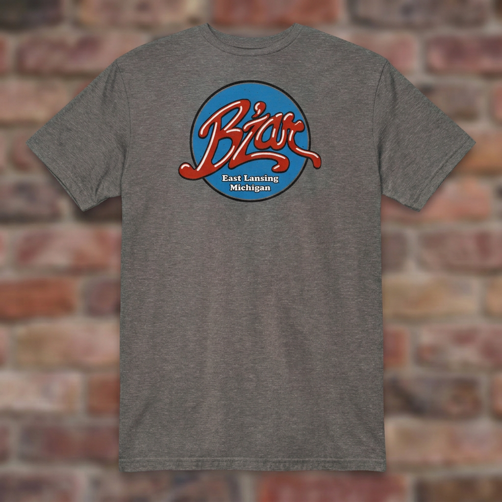B'Zar Nightclub Graphite Heather T-shirt flat lay on brick background