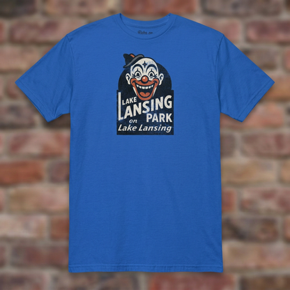 Lake Lansing Park Royal T-shirt flat lay on brick background