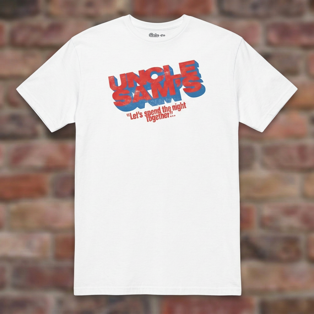 Uncle Sam's White T-shirt flat lay on brick background