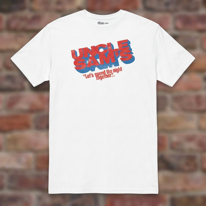 Uncle Sam's White T-shirt flat lay on brick background