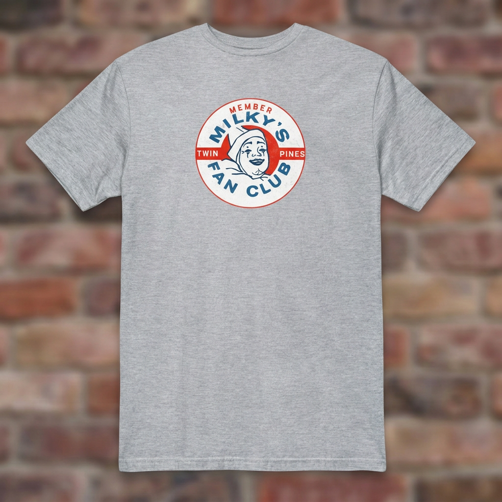 Milky the Clown Fan Club T-shirt in Sport Grey, flat lay on warm brick background