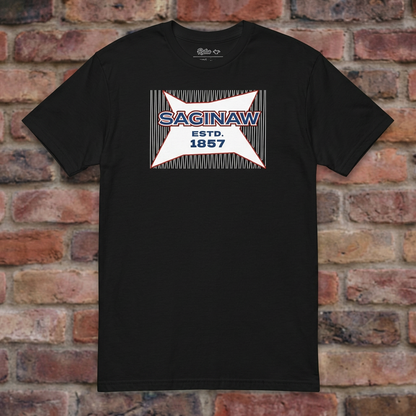 Saginaw Bread Bag Black T-shirt flat lay on brick background