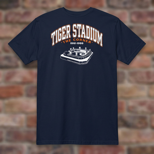 Navy Tiger Stadium 1912-1999 T-shirt flat-lay against weathered brick