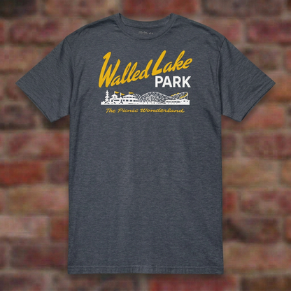 Walled Lake Park Heather Navy T-shirt flat lay on brick background