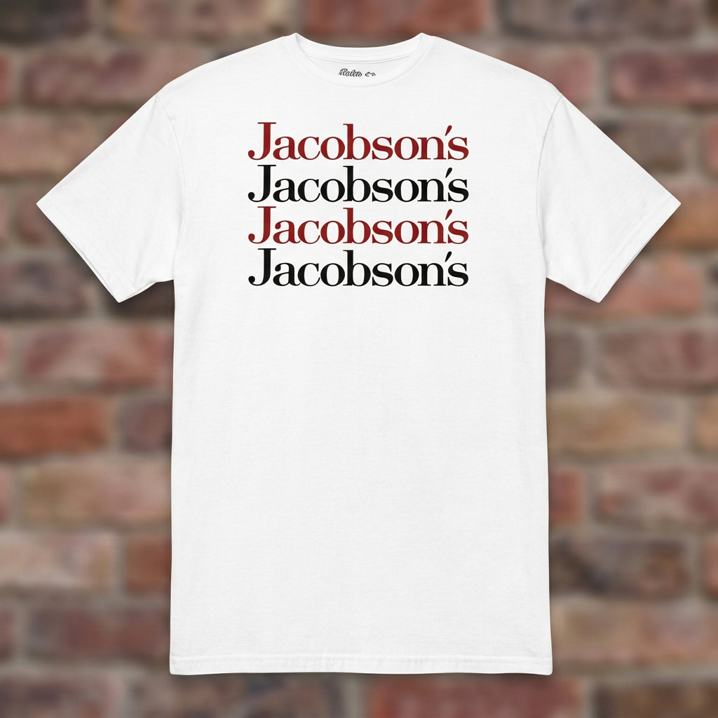 Jacobson's White T-shirt flat lay on brick background