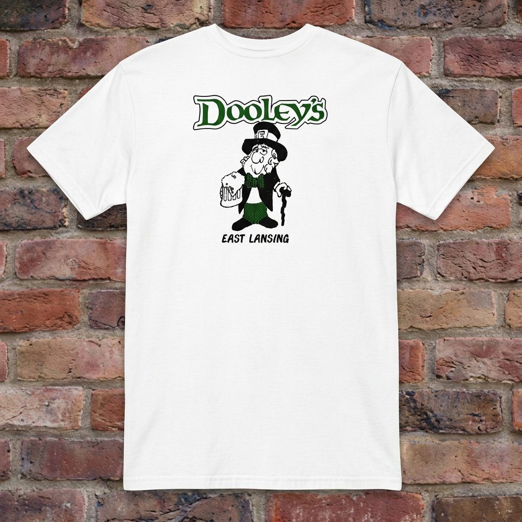 White Dooley's East Lansing T-shirt flat-lay against weathered brick