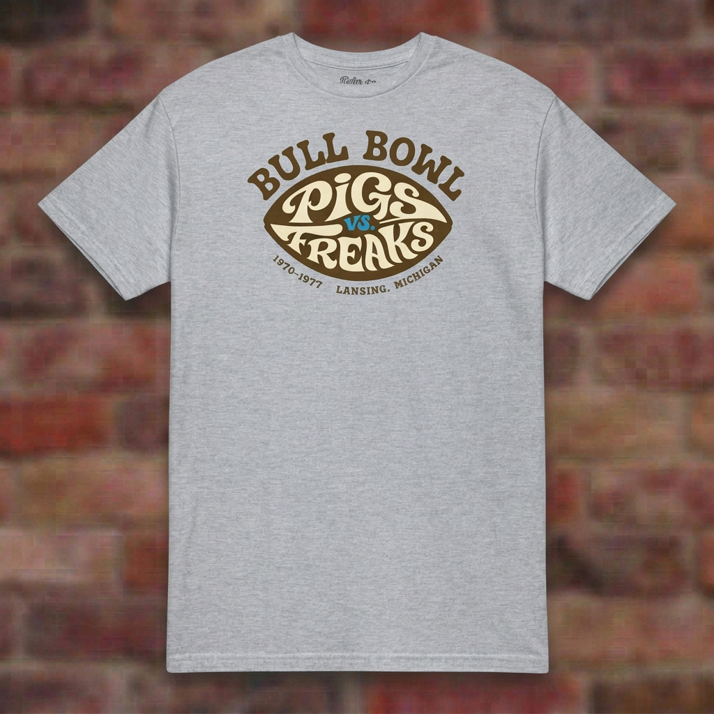 Bull Bowl Sport Grey T-shirt flat lay on brick background
