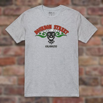 Bourbon Street Sport Grey T-shirt flat lay on brick background