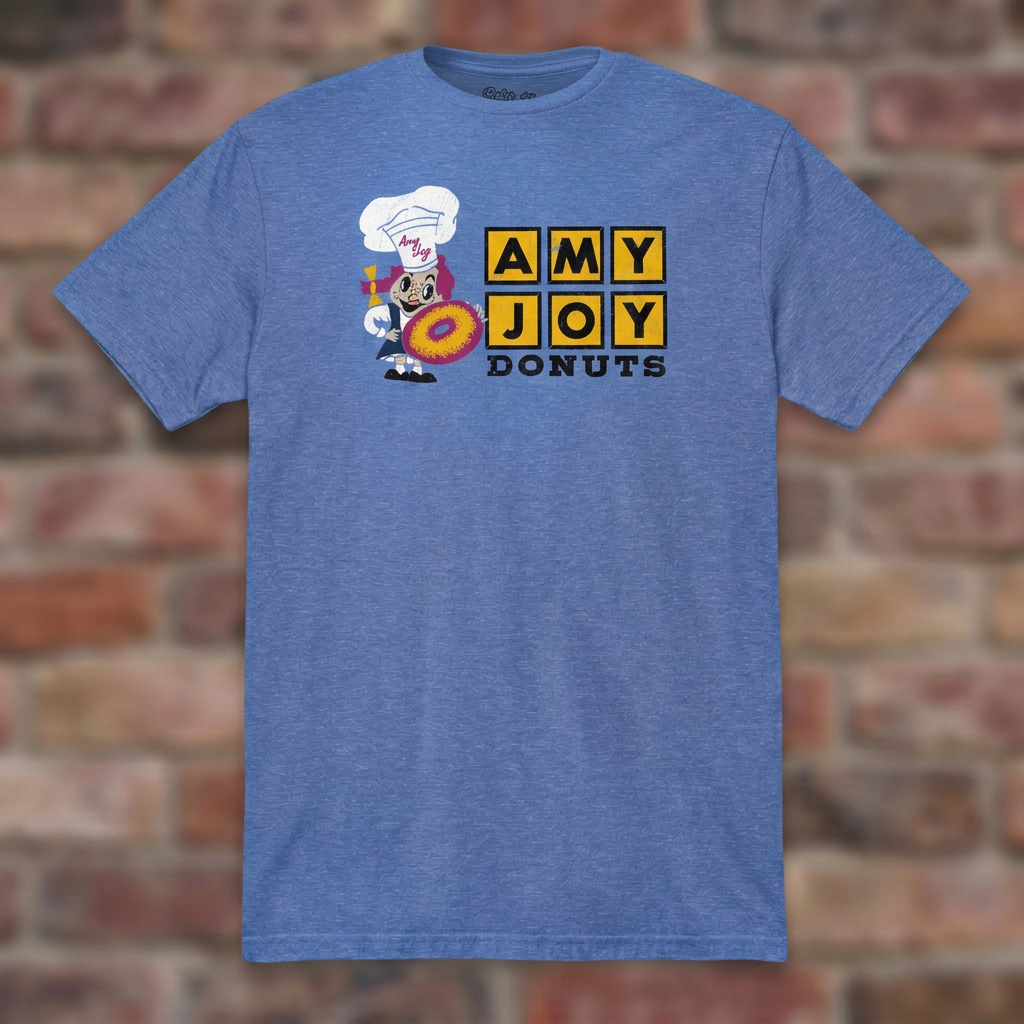Amy Joy Donuts Heather Royal T-shirt flat lay on brick background