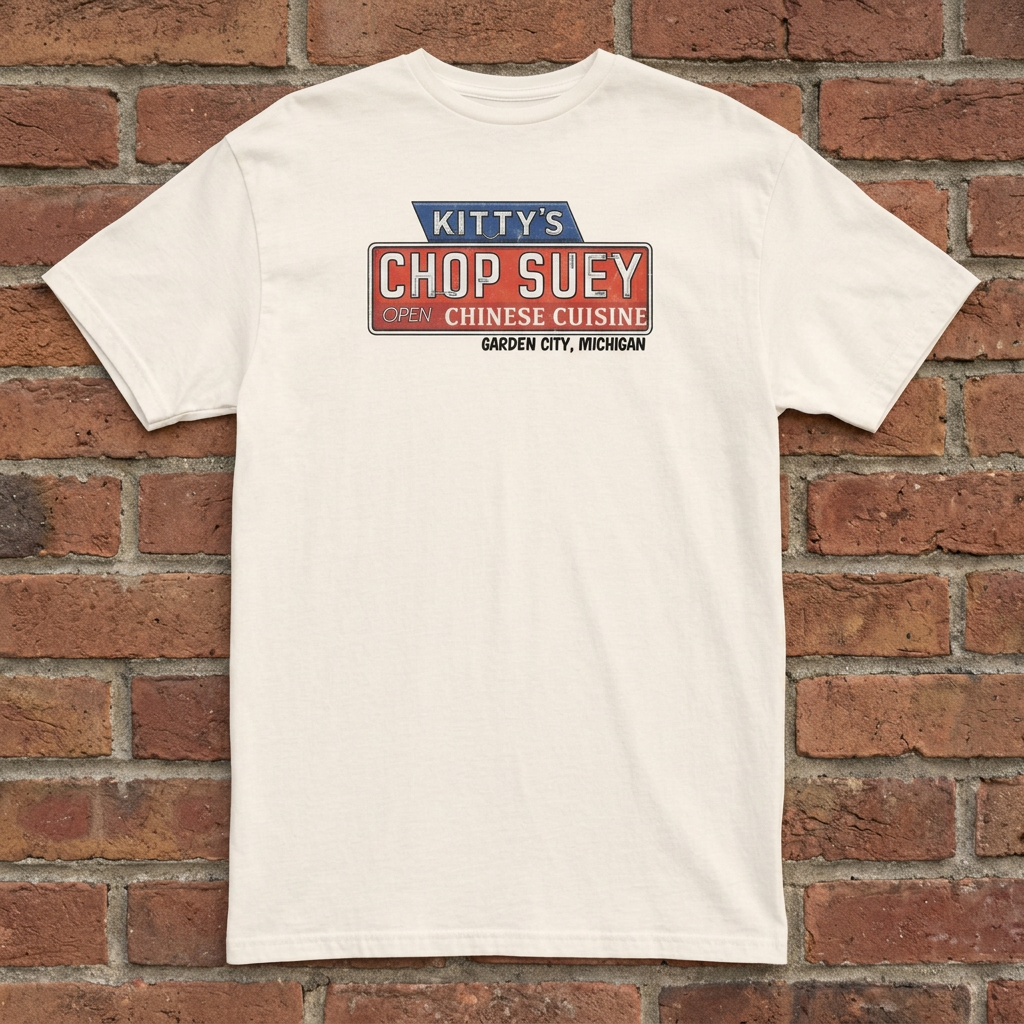 Kitty's Chop Suey Natural T-shirt flat lay on brick background
