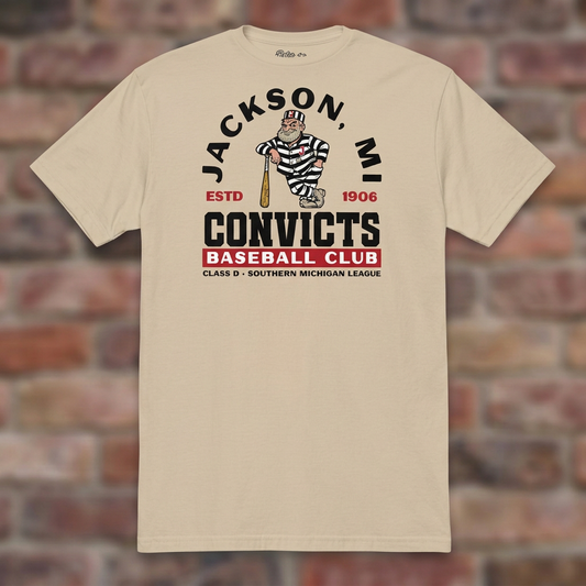 Jackson Convicts Baseball Sand T-shirt flat lay on brick background