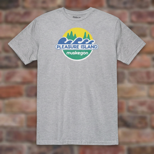 Pleasure Island Water Park Sport Grey T-shirt flat lay on brick background