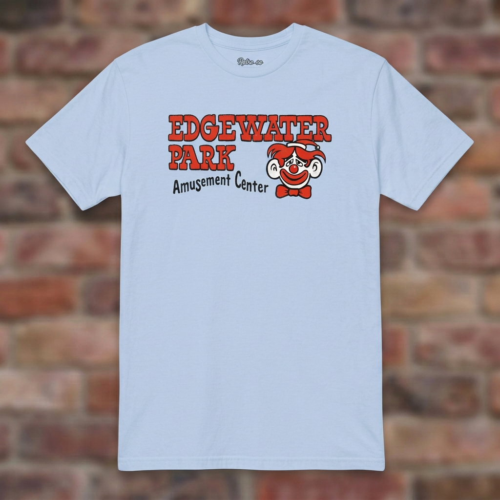 Edgewater Park Light Blue T-shirt flat lay on brick background