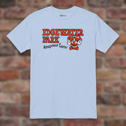 Edgewater Park Light Blue T-shirt flat lay on brick background