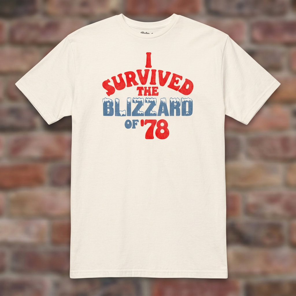 I Survived the Blizzard of '78 Natural T-shirt flat lay on brick background