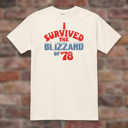 I Survived the Blizzard of '78 Natural T-shirt flat lay on brick background