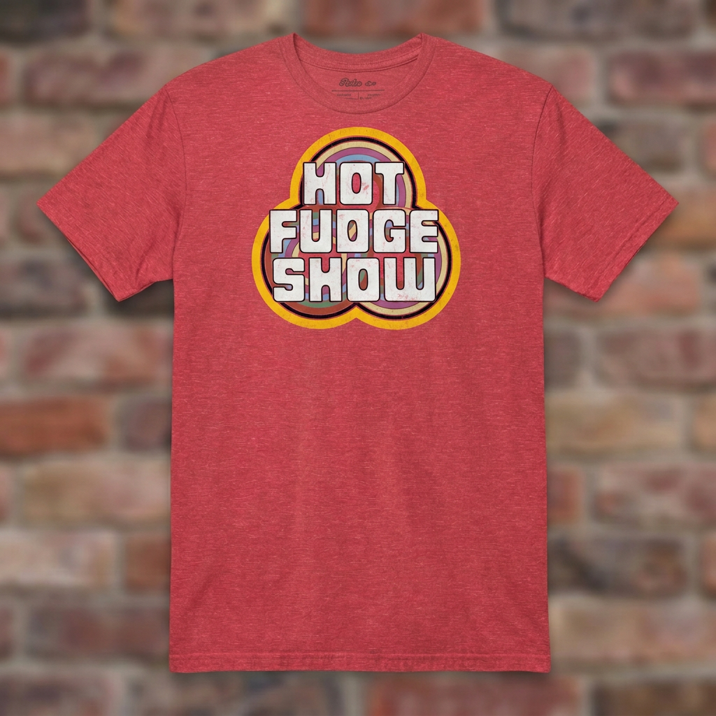 Hot Fudge Show Heather Red T-shirt flat lay on brick background