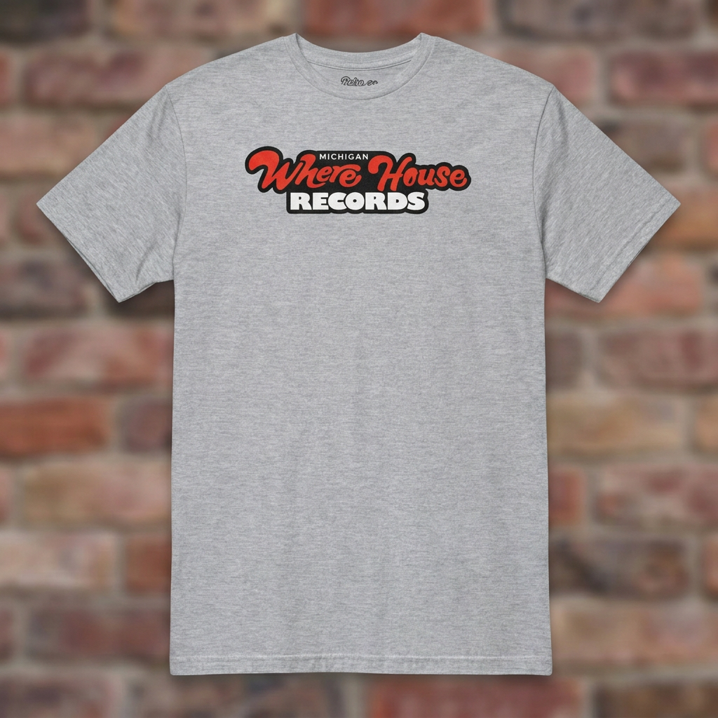 Wherehouse Records Michigan Sport Grey T-shirt flat lay on brick background