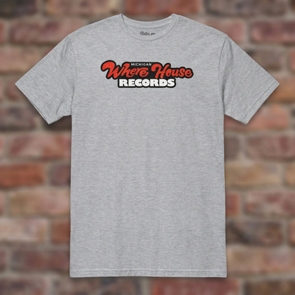 Wherehouse Records Michigan Sport Grey T-shirt flat lay on brick background