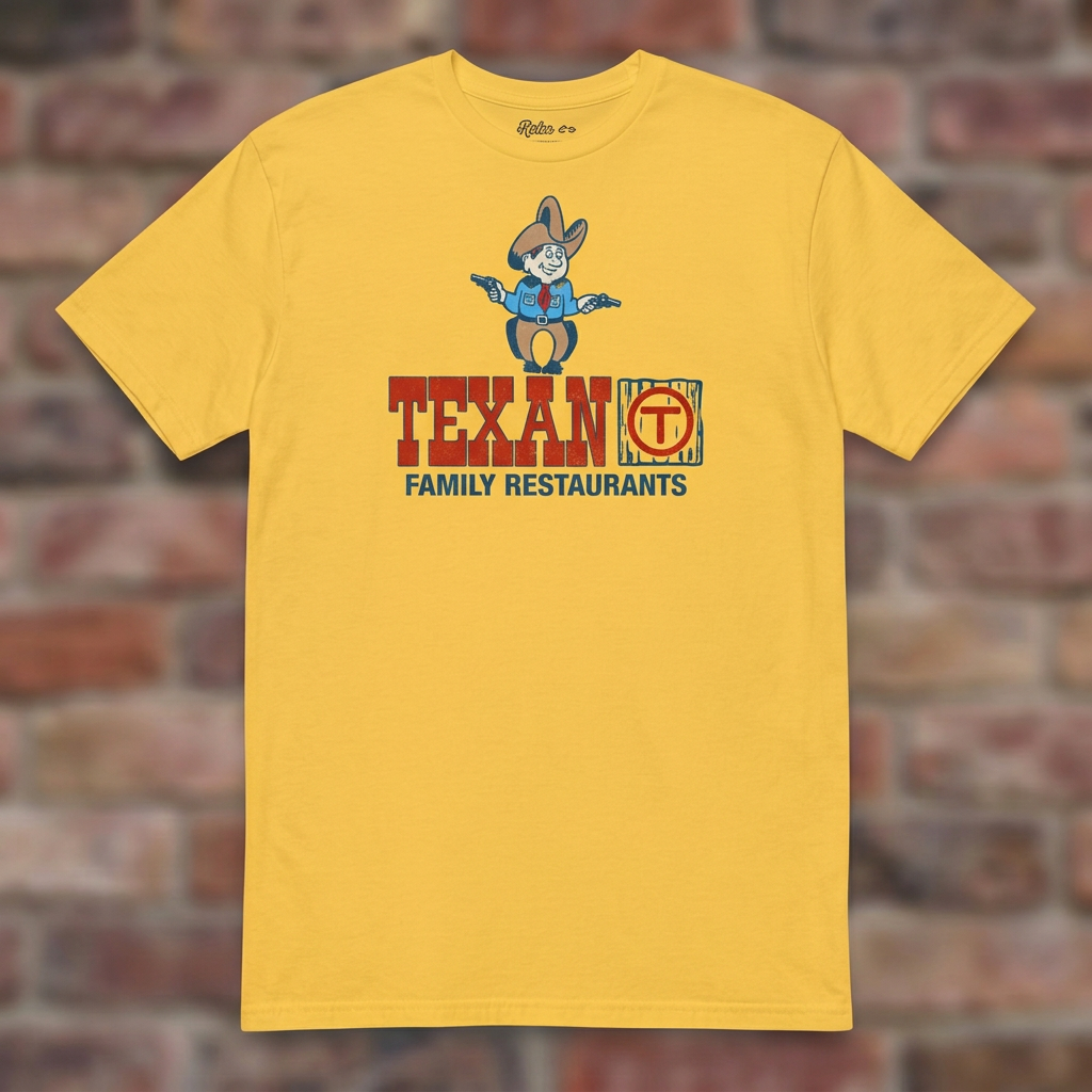 Daisy Texan Family Restaurant T-shirt flat lay on warm brick