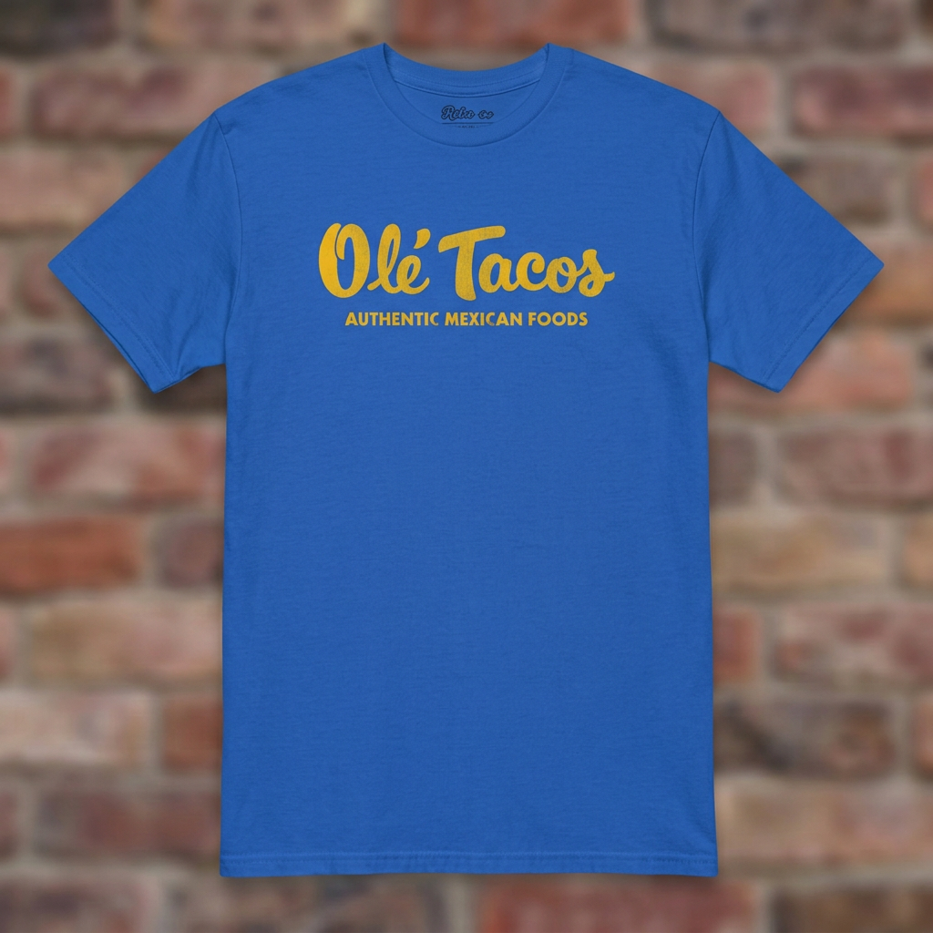 Ole Tacos Royal T-shirt flat lay on brick background