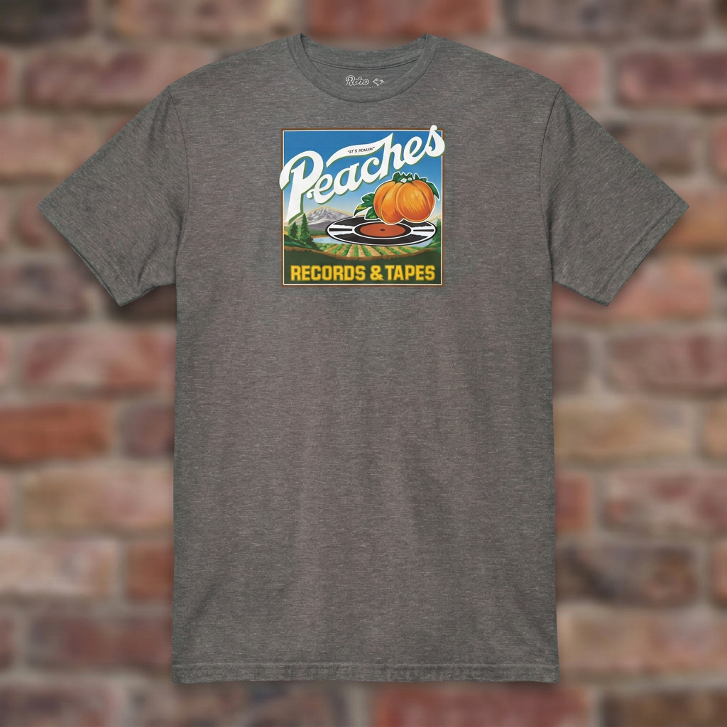Peaches Records & Tapes Graphite Heather T-shirt flat lay on brick background