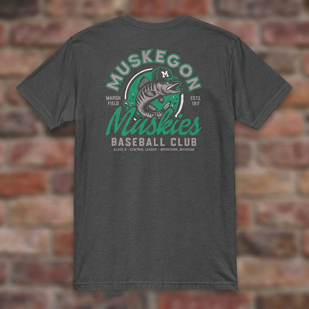 Muskegon Muskies Dark Heather Grey T-shirt flat lay on brick background