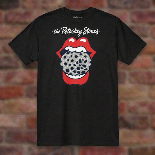 Petoskey Stones Black T-shirt flat lay on brick background