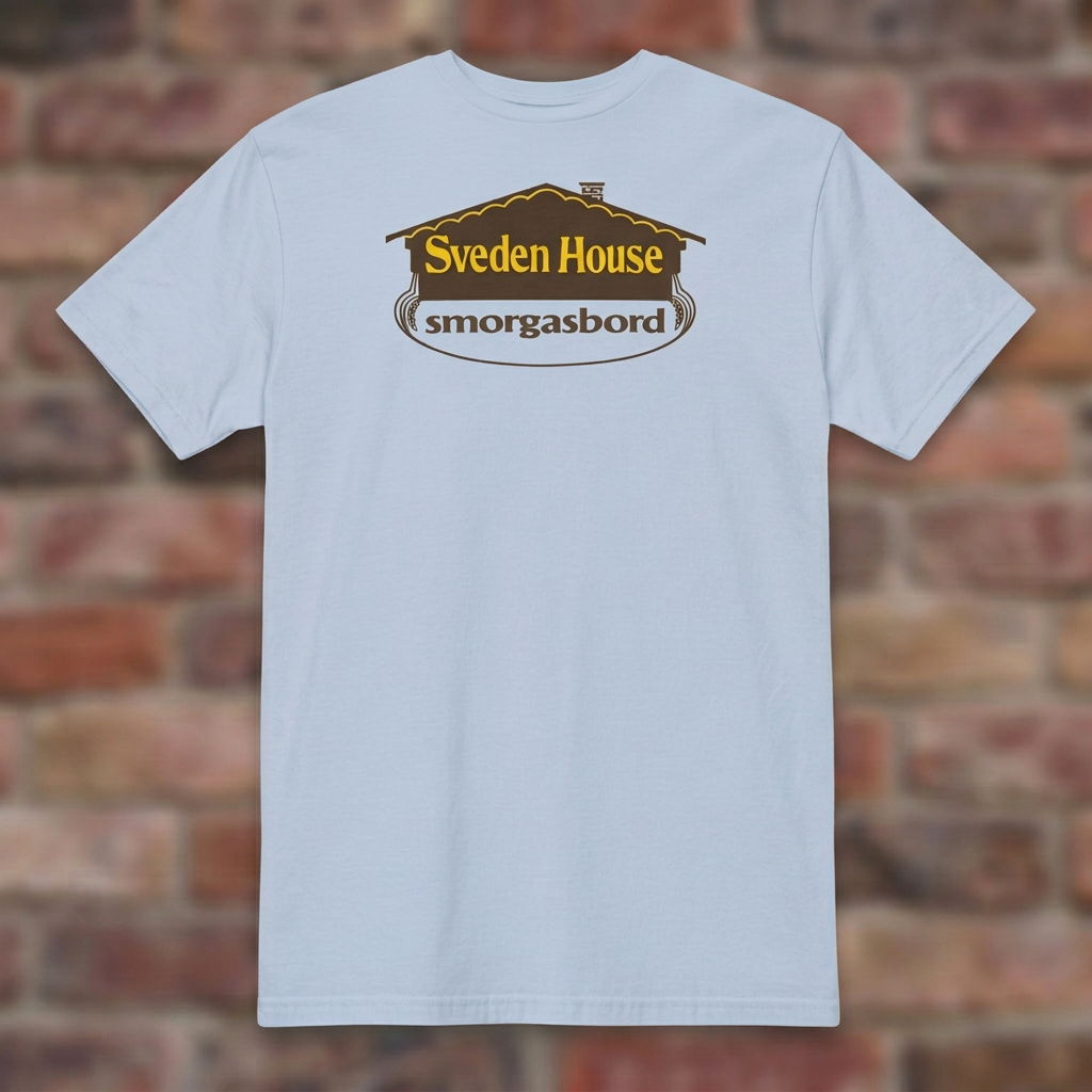 Sveden House Logo Light Blue T-shirt flat lay on brick background