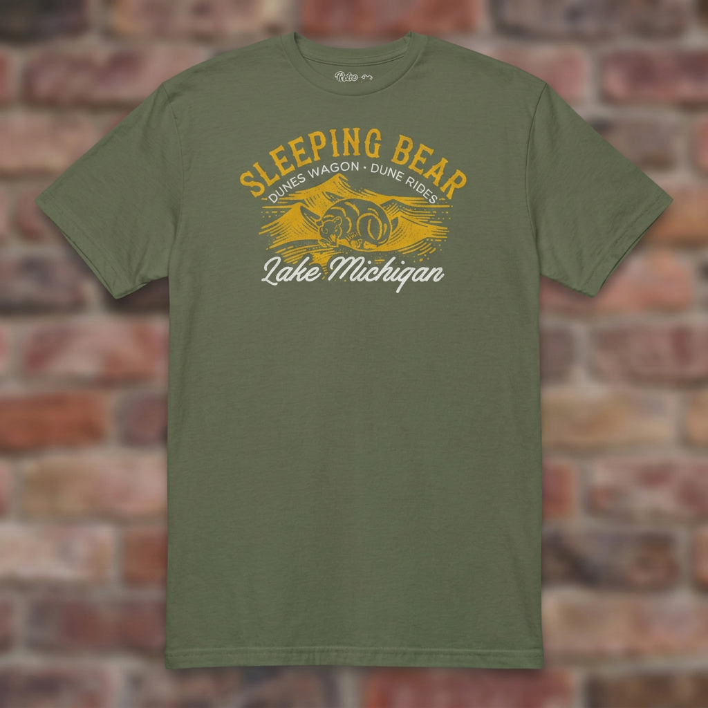 Sleeping Bear Dune Rides Military Green T-shirt flat lay on brick background