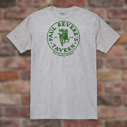 Paul Revere's Tavern Sport Grey T-shirt flat lay on warm brick