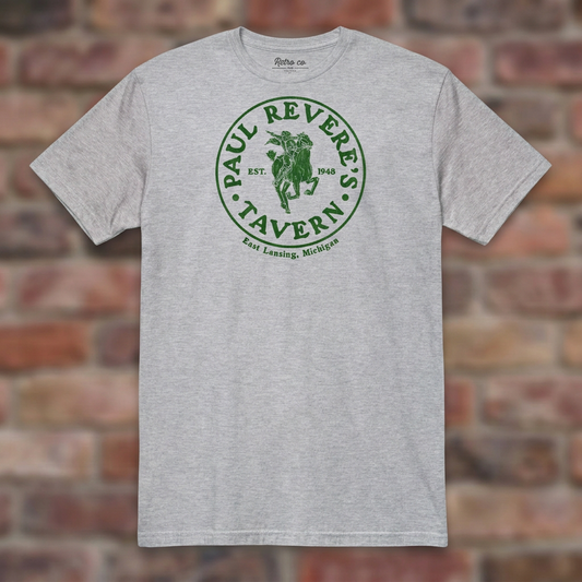 Paul Revere's Tavern Sport Grey T-shirt flat lay on warm brick