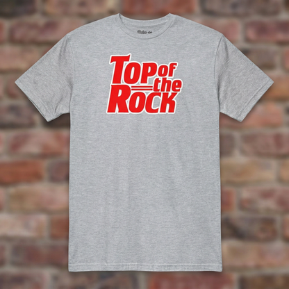 Top of the Rock Sport Grey T-shirt flat lay on brick background