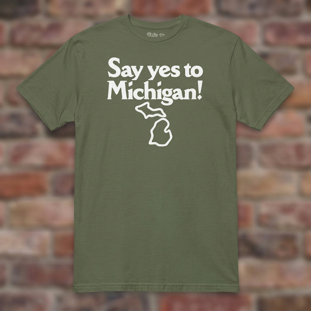 Say yes to Michigan Military Green T-shirt flat lay on brick background