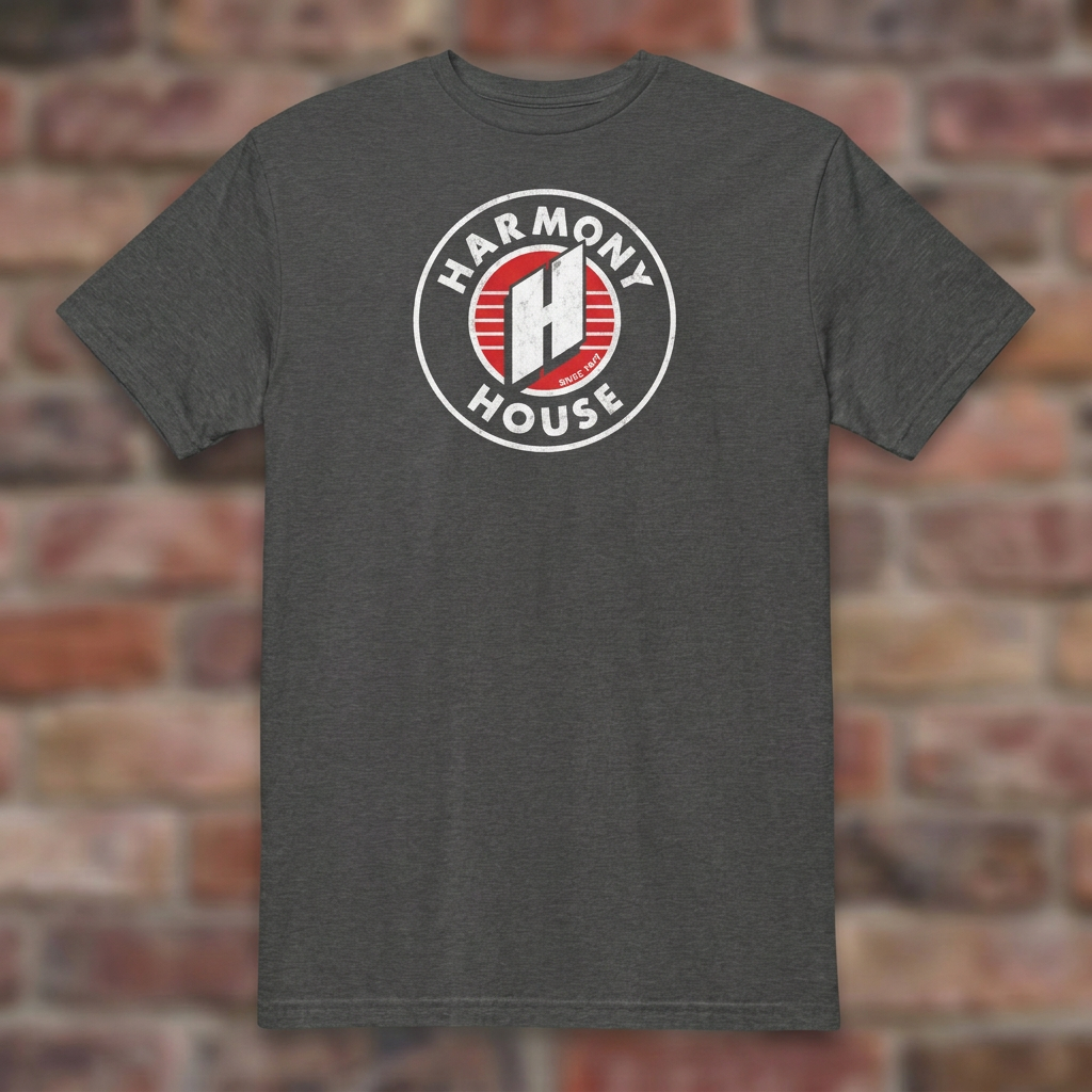 Harmony House Dark Heather Grey T-shirt flat lay on warm brick