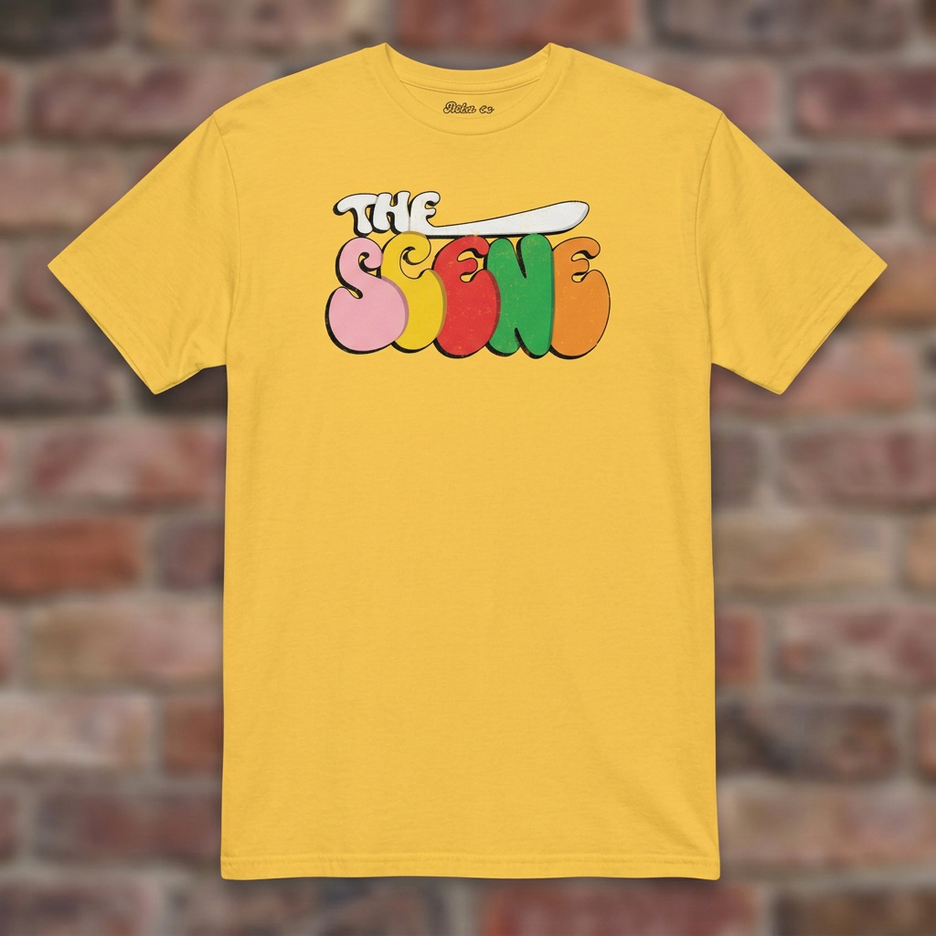 The Scene Detroit Daisy T-shirt flat lay on brick background
