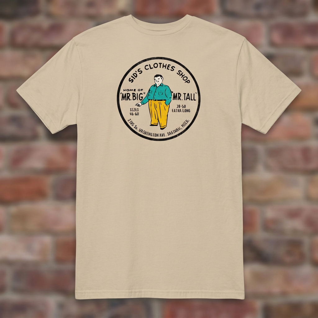 Sid's Clothing Shop Saginaw T-shirt in Sand, flat lay on warm brick background
