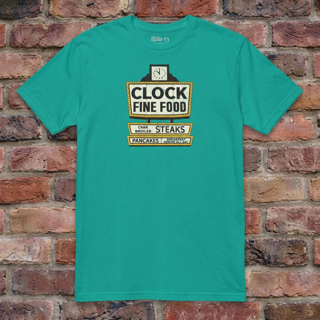 Clock Fine Food Jade Dome T-shirt flat lay on warm brick