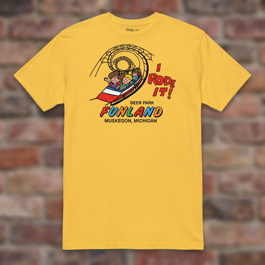 Deer Park Funland Daisy T-shirt flat lay on brick background