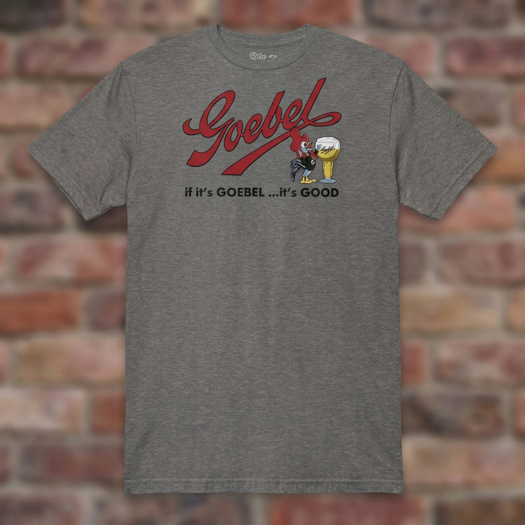 Graphite Heather Goebel T-shirt flat lay on warm brick background