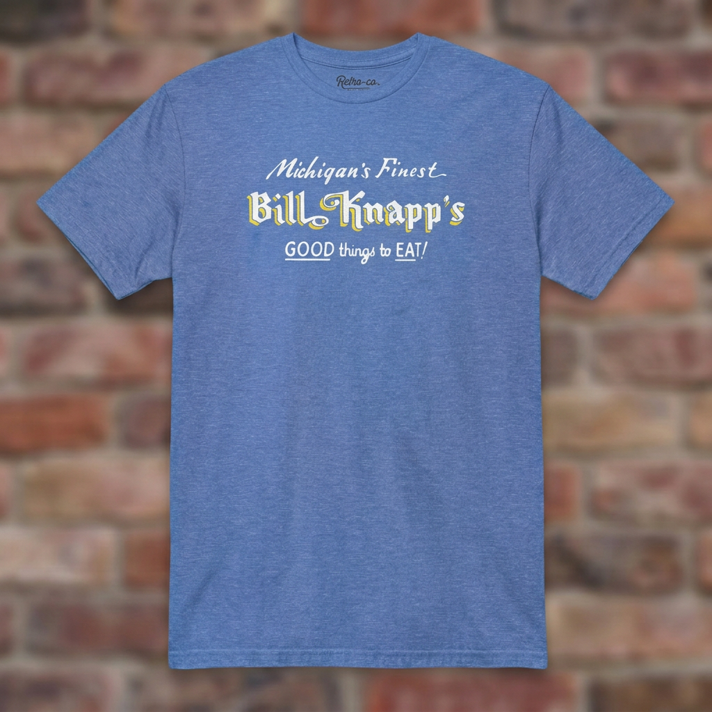 Heather Royal Bill Knapp’s T-shirt flat lay on warm brick background