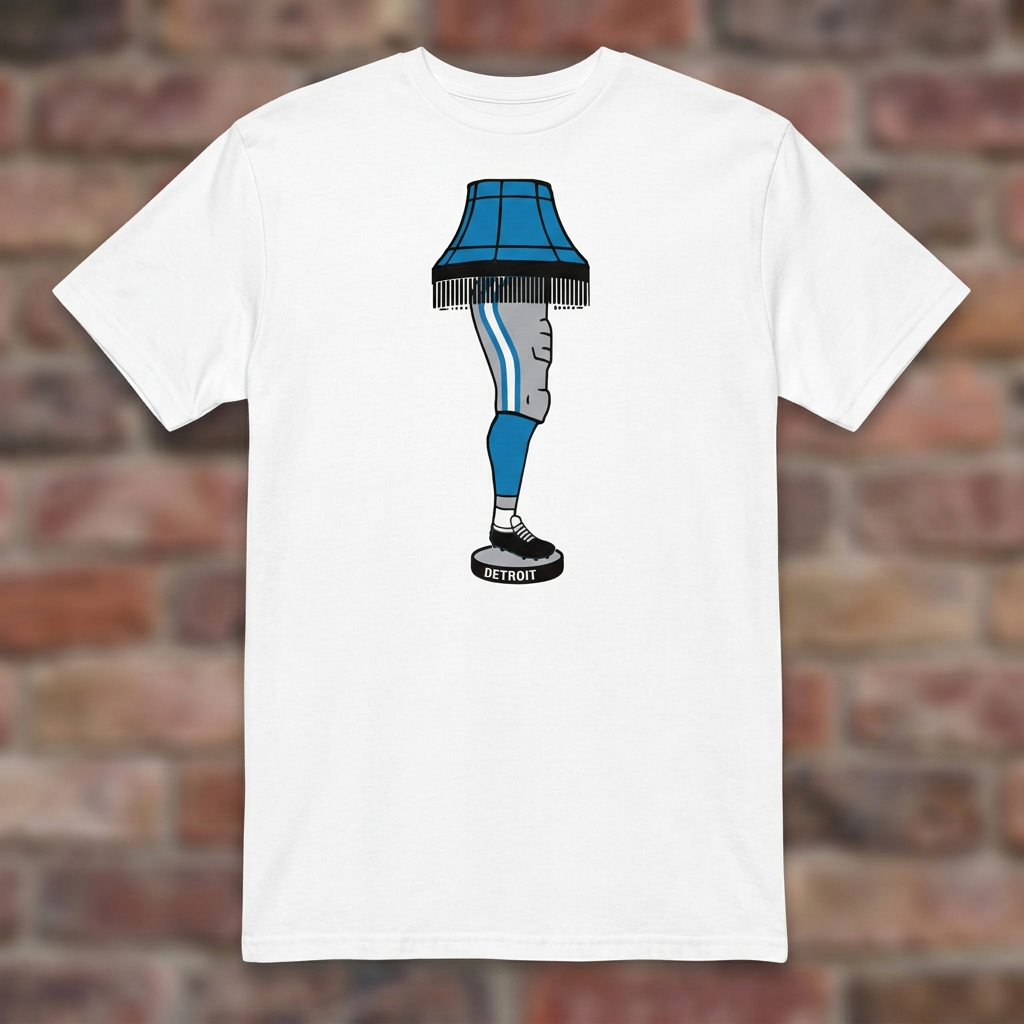 White Detroit Football Leg Lamp T-shirt flat-lay against weathered brick