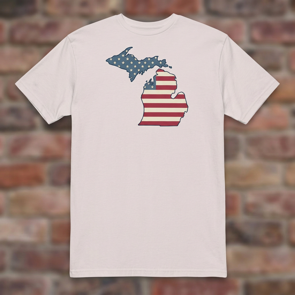 Michigan American Flag Ice Grey T-shirt flat lay on brick background