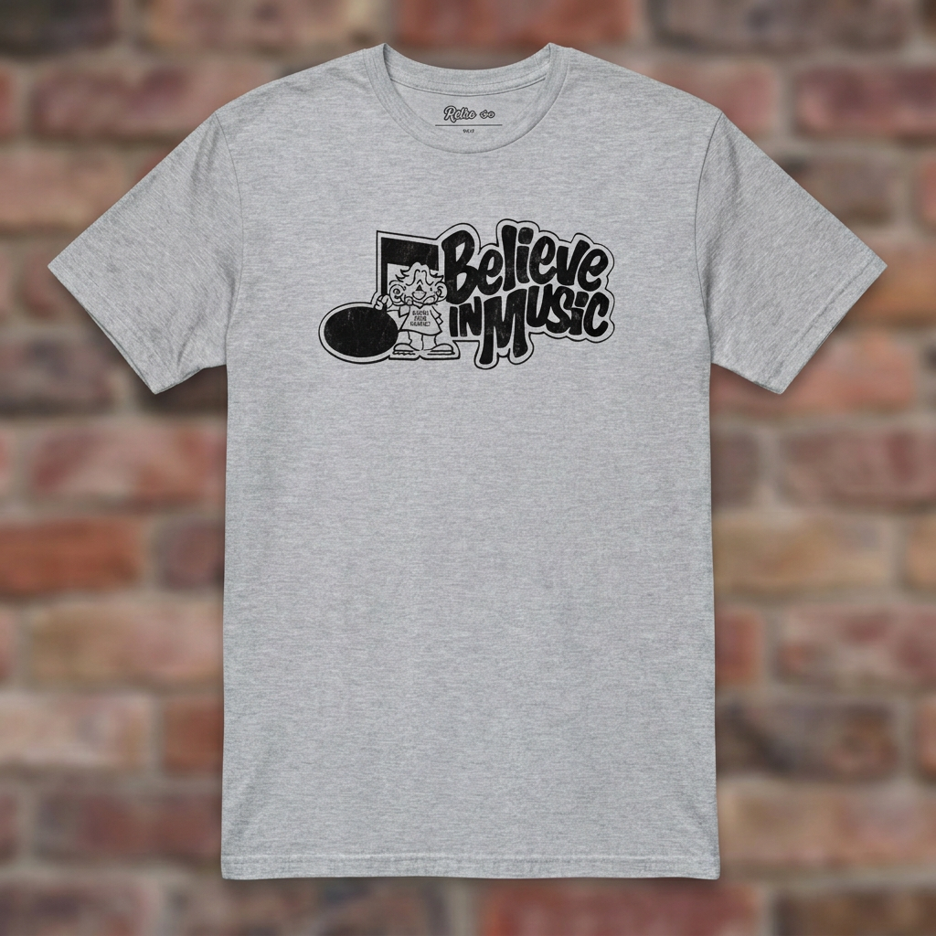 Sport Grey Believe in Music T-shirt flat-lay on weathered brick