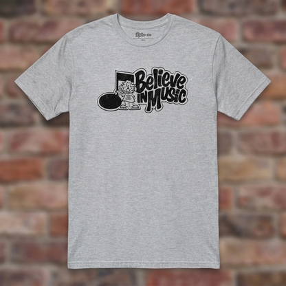 Sport Grey Believe in Music T-shirt flat-lay on weathered brick
