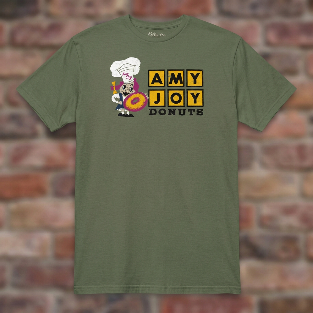 Amy Joy Donuts Military Green T-shirt flat lay on brick background